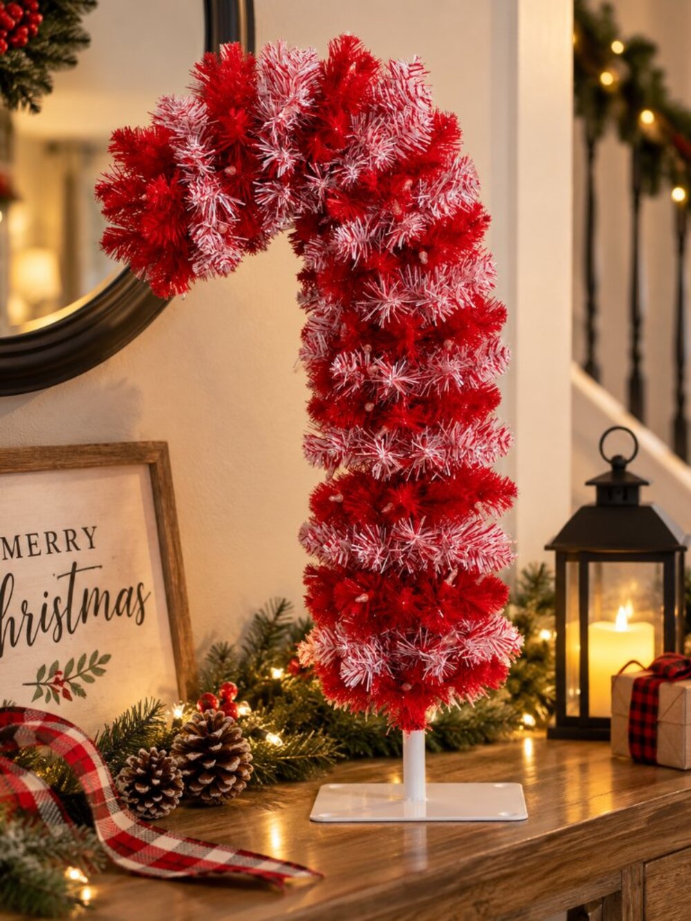 Nearly Natural 30in Pre-Lit Candy Cane Christmas Tree 100 LED Red White